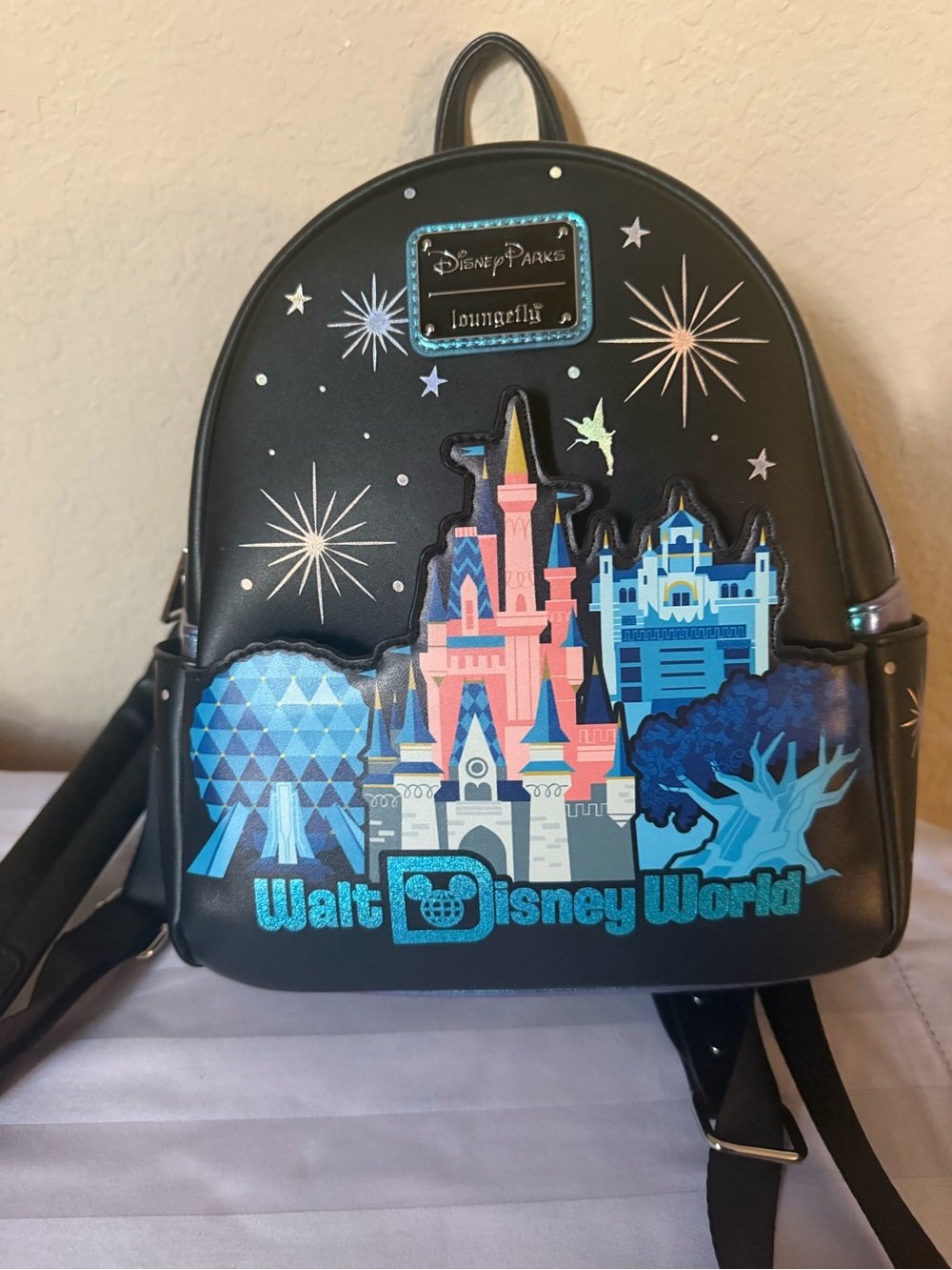 Loungefly Black Walt Disney World Castle Mini Backpack with Blue & Pink Accents